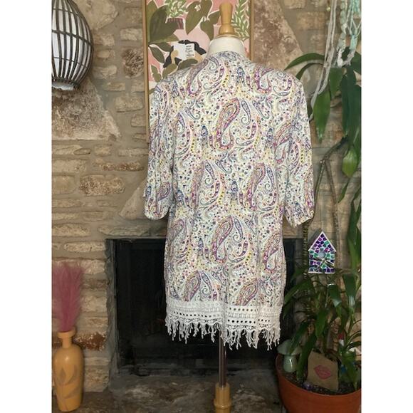 Floral & Paisley Fringe Open Front Cardigan Duster - Bobeau - Size Large - Picture 5 of 7